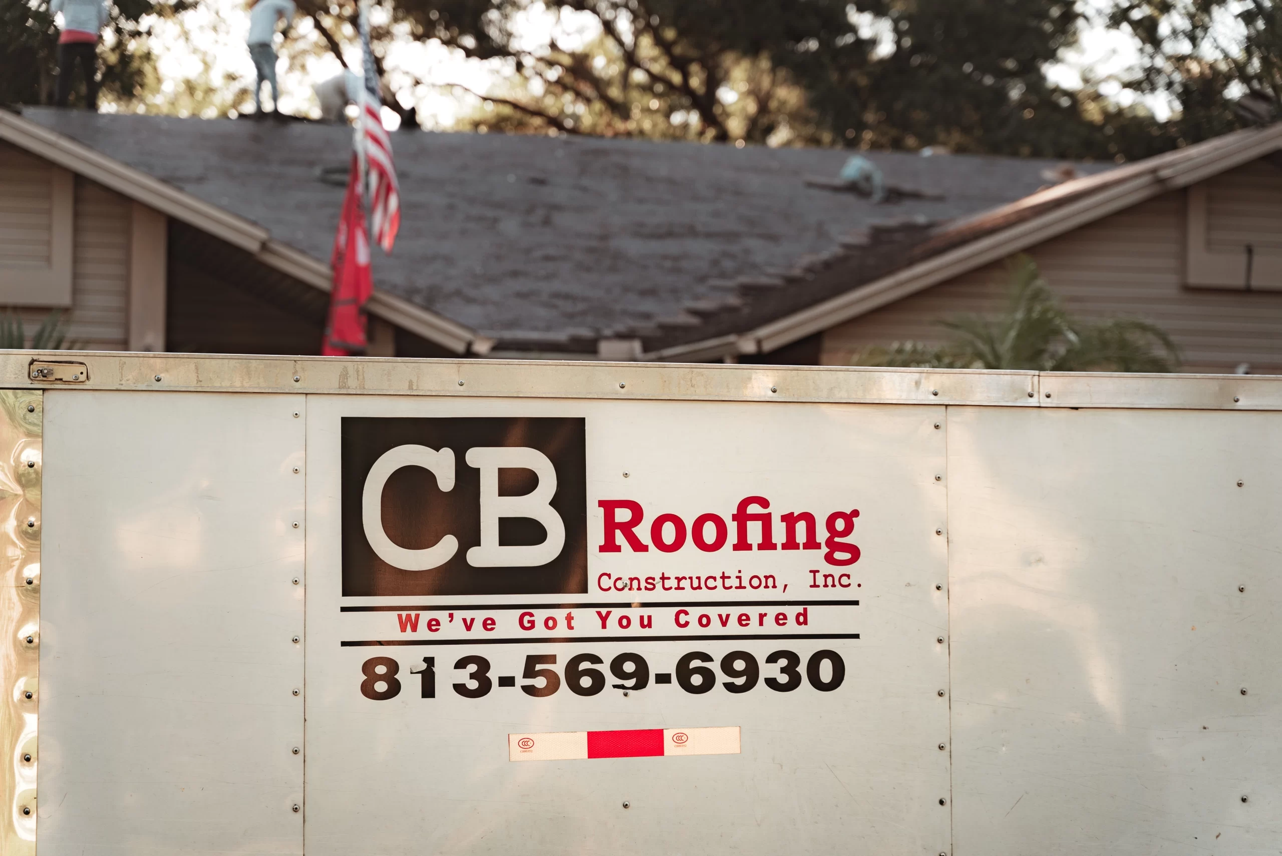 CB Roofing Construction Roofing Trailer onsite at a residential roof replacement
