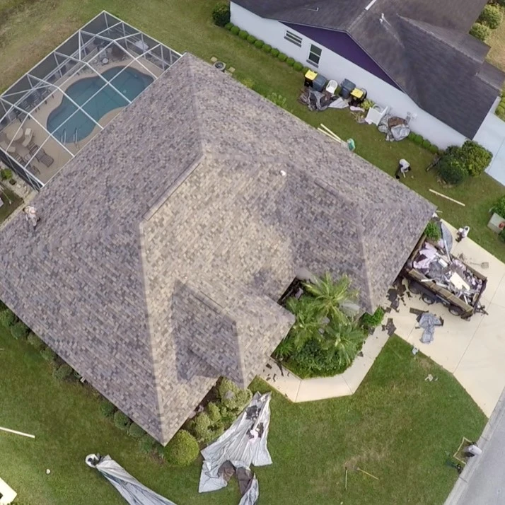 Aerial view of a residential roof replacement in Lakeland, FL.
