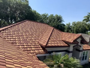 Stone Coated Steel Tile Roof Replacement on a Residential Home in Tampa, Florida. 